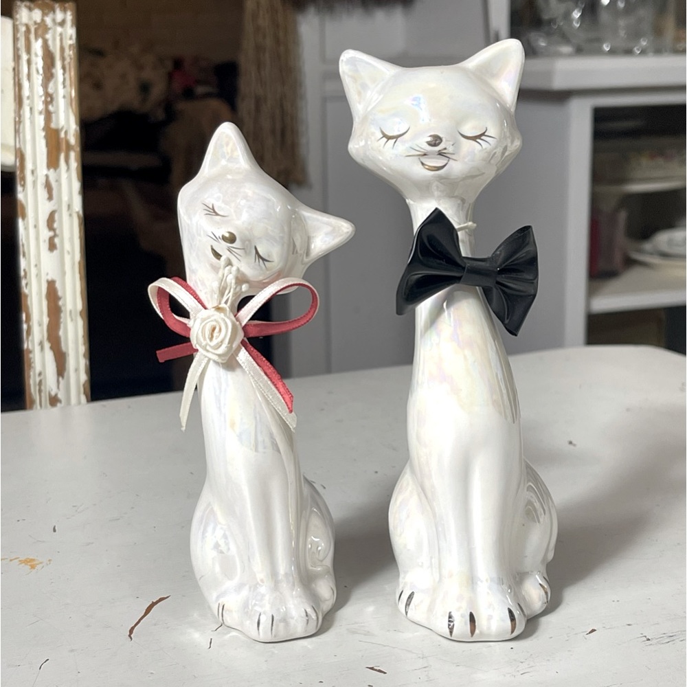 Pair of Vintage Pearly Ceramic Cats